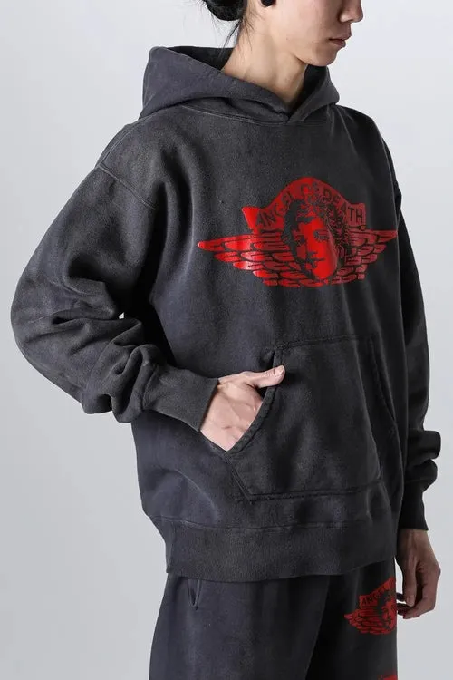 SAINT Mxxxxxx ANGEL HOODIE/BLK Angel Rebirth Crack Printed Retro Distressed Hoodie Assute dyeing, full-length spray-on fade, heavy fermentation wash, NEW VINTAGE texture, factory four-needle and six-thread workmanship, boneless patchwork, more comfortable to wear, genuine level crack print/accessories restored
